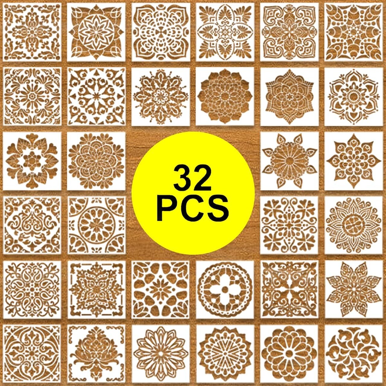 32-Piece Mandala Stencil Set (6 x 6 Inch) – Reusable Flower & Geometric Templates for Painting on Wood, Rangoli, Wall, Floor, Tile, Fabric & DIY Decor